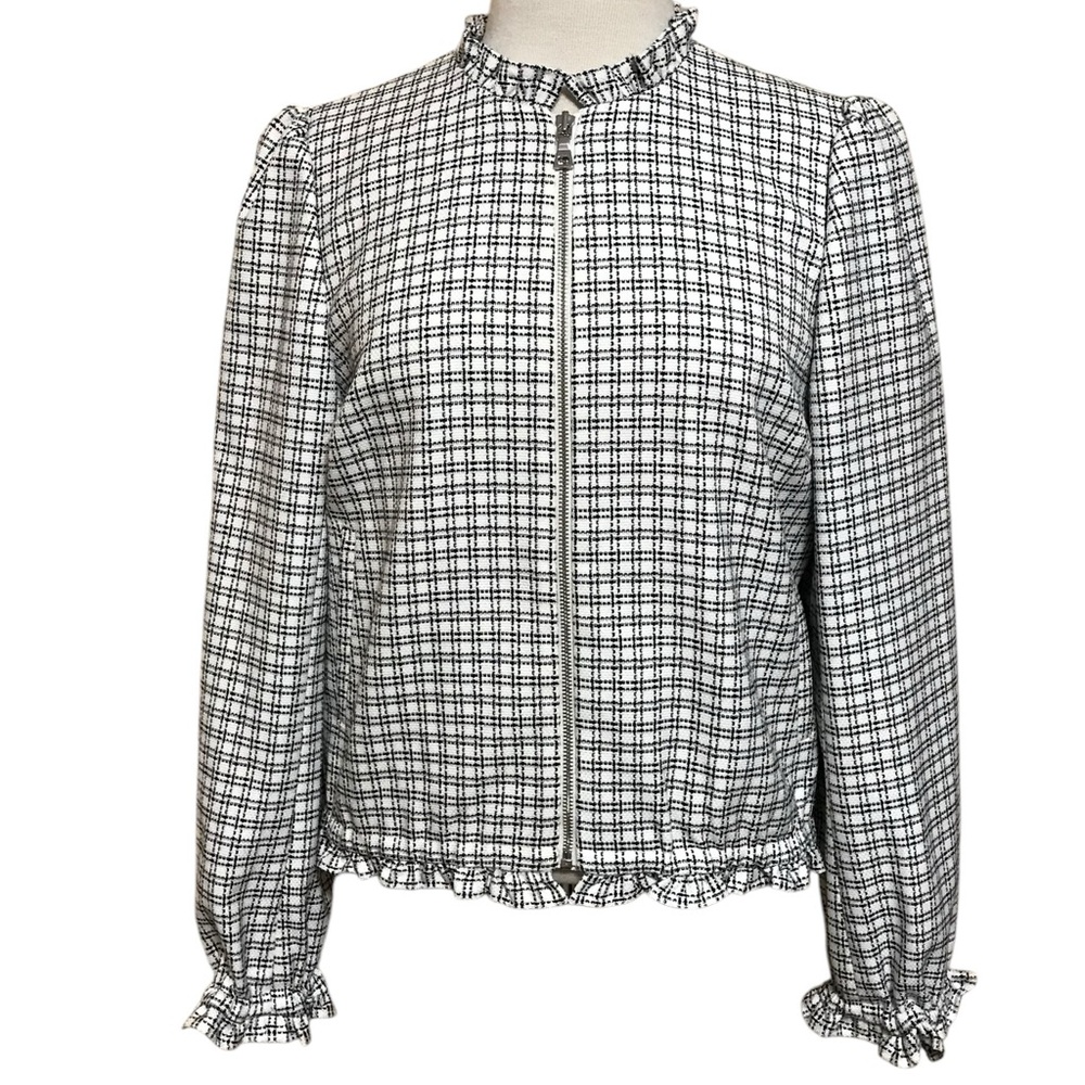Ann Taylor Plaid Ruffle Zip Jacket Size Medium Black White Full Zip New NWT